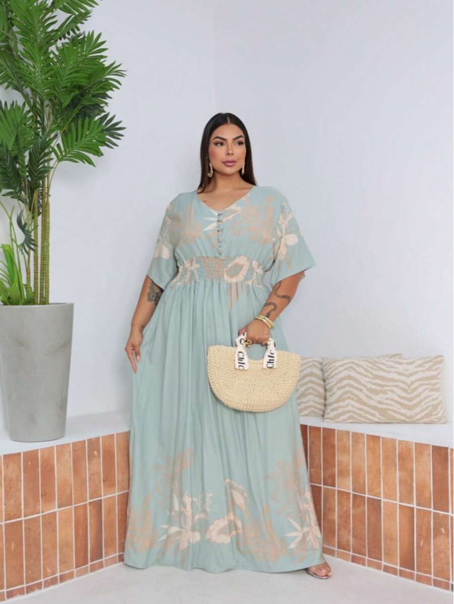 Women's Plus Size Printed Maxi Dress With Buttons Covered In Viscose Linen. - 寧靜藍 - 查看 1