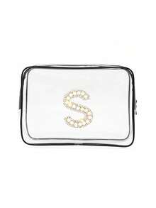 Bolsa de almacenamiento portátil de PVC transparente con toalla bordada con perlas blancas con letras de la A a la Z, organizador de maquillaje de gran capacidad, impermeable, con cremallera, bolsa de maquillaje, bolsa de cosméticos, organizador de vacaciones, bolsa de belleza, bolsa de tocador, regalo para dama de honor, recuerdo, regalo de cumpleaños para familiares y amigos, Día de San Valentín, temporada de bodas, Ramadán