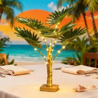 LED Artificial Realistic Tropical Palm Tree Decorative Light, Elegant Green Leaf Warm White Light, USB/Battery Powered, Hawaiian Party Table Palm Tree Light, Holiday Party Atmosphere Light, Living Room And Bedroom Scene Layout Landscape Luminous Tree Suitable For Home, Office, Dining Room, Christmas, Wedding, Party Decoration
