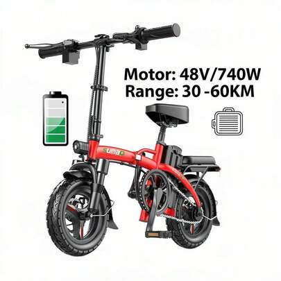 Adult Electric Bicycle, 48V/740W Motor, 48V 10AH Battery, Range 30-60km, Speed 30km/H, Power Display, High Carbon Steel Construction, Mechanical Disc Brakes.