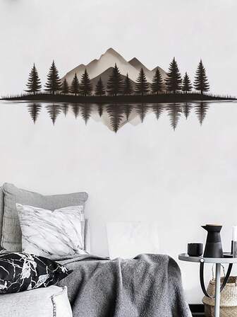 北欧极简主义风景和松林倒影墙贴，一款宁静的客厅背景墙装饰贴纸。