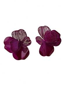 1 Pair Fashionable & Elegant Metal Textured Flower Pendant Earrings, Suitable For Women's Daily And Party Outfits - Purple - View 4