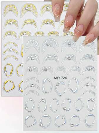 2pcs 5D Liquid Metal French Nail Stickers, Gold & Silver Outline Self-Adhesive Nail Art Decals, Pearl Waterdrop Design, Suitable For Nail Salon DIY