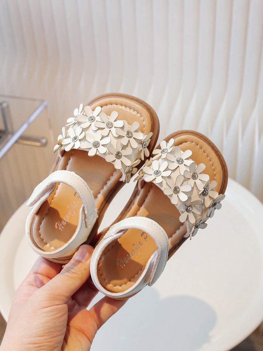 1双女童花朵水钻装饰防滑厚底甜美风露趾凉鞋，适合居家、休闲和日常上学穿着 - 米色 - 查看 1