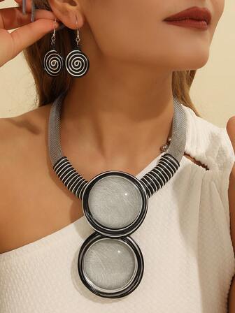 Exaggerated Multi-Layer Handmade Aluminum Wire Woven Resin Chain Bohemian European And American Middle Eastern European Korean Version Evening Party Holiday Ladies Wax Line Resin Teardrop Necklace Earrings