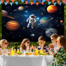 1 pieza Telón de fondo decorativo con tema de cohete y astronauta del espacio exterior, (210 x 150/180 x 135/150 x 100/100 x 70 cm) Decoración de fiesta de cumpleaños con planeta, galaxia y universo para mesa de pastel, fotografía y photobooth, suministros para fiestas - Multicolor - Ver 6