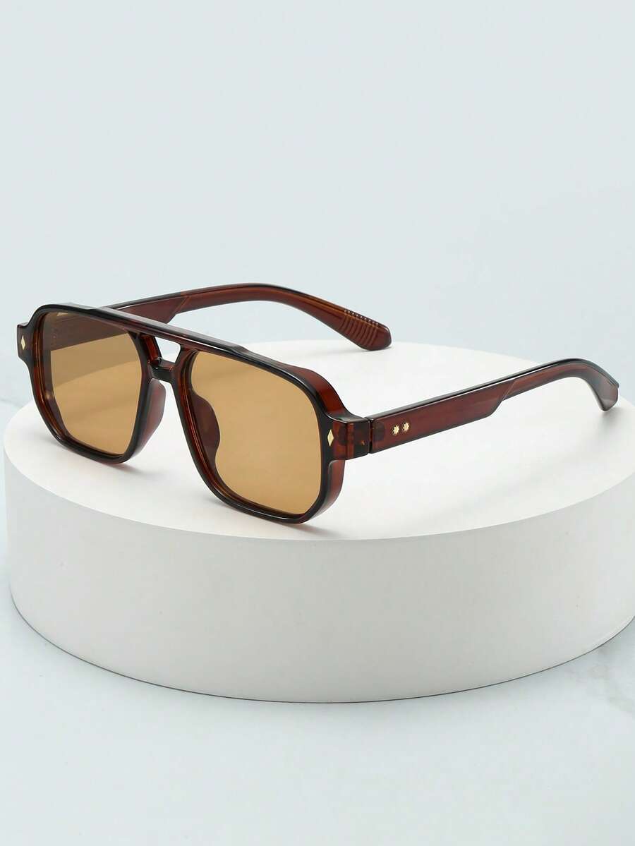 1pc Men's Classic Square Double-Bridge Minimalist Stylish Fashion Glasses, Suitable For Party, Casual, Holiday, Travel, Beach, Daily Wear - Dark Brown Frame, Brown-colored Film - View 1