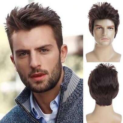Mens Wig Brown Short Layered Cosplay Hair Wig Synthetic Full Wigs For Male Guy