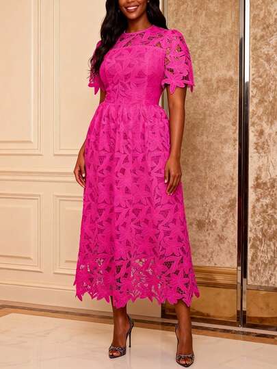 AOMEI Gorgeous Pink Lace Midi Dress With Puff Sleeves And A-Line Silhouette - Perfect For Weddings, Garden Parties, And Formal Events