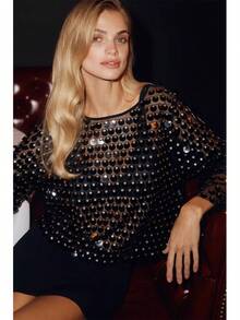 Womens Sequin Flared  Long Sleeve Blouse Tops Long Sleeve Sequined Loose Fit Glitter Sparkly Bell Sleeve Crew Neck Shirts Summer Holiday Beachwear Party Clubwear - 深灰色 - 查看 2