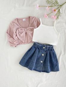 3pcs/Set Baby Girls' Fashionable Elegant Sweet Long Sleeve Top, Camisole And Denim Skirt Outfit, Spring/Autumn - Multicolor - View 2