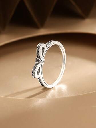 1 pieza Anillo de plata esterlina S925 con lazo y circonita cúbica chapada en oro, joyería de moda minimalista como regalo para mujeres, madres, novias, amigas, uso versátil diario