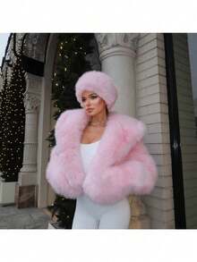 Pink Fur Coat Women's Jacket Artificial Fur Winter Pink Fox Fur Hooded Fleece Jacket - 粉色 - 查看 2