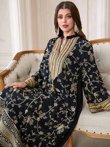 Long Sleeve Notched Neck Woven Fabric Arabian Dress With Exquisite Gold Embroidery And Tassels Elegant Full-Length Abaya For Women - Black - View 1