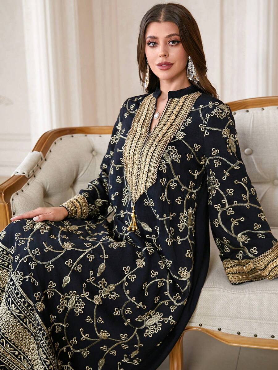 Long Sleeve Notched Neck Woven Fabric Arabian Dress With Exquisite Gold Embroidery And Tassels Elegant Full-Length Abaya For Women - Black - View 1