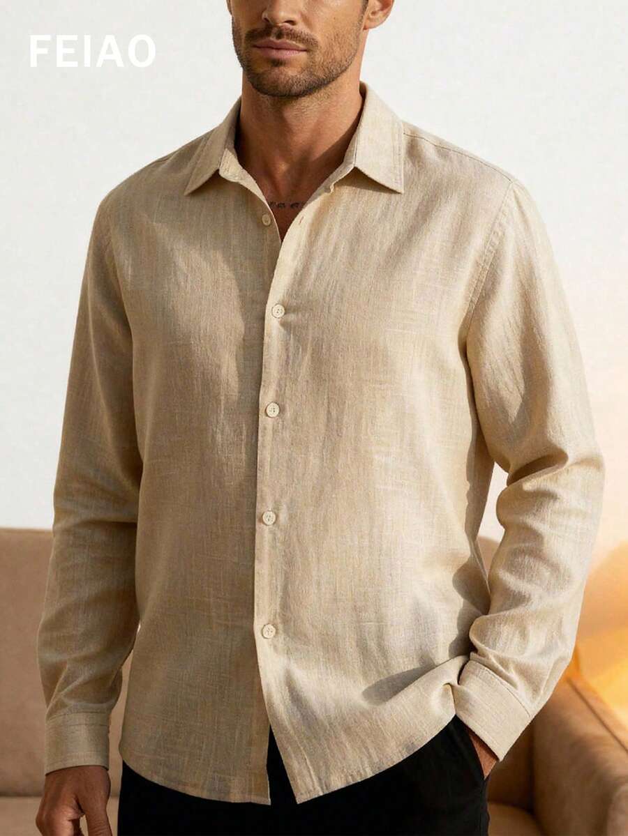 FEIAO 男士复古风老钱休闲长袖衬衫，四季百搭时尚款式。 - 杏色 - 查看 1