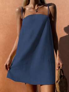 海星闪亮夏季波西米亚休闲度假沙滩女式贝壳龙虾格子条纹印花露背短款A字连衣裙，早午餐套装 - 藏蓝色 - 查看 4