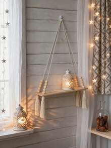 1件套流苏编织壁挂支架，波西米亚风格木质书架，易于安装，四季皆宜的百搭家居装饰，农舍木珠悬浮置物架，乡村风格悬挂式植物架——适用于卧室、客厅、花园、农舍、托儿所和书房