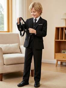 8 Piece Boys Tuxedo Set, Includes Tailcoat, Formal Suit, Pageboy Outfit, Wedding Suit Jacket, Vest, Pants And Tie, Black, Size 8 - Black - View 3