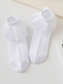 5 Pairs Girls' Solid Color Fashion Gold Lace Princess Dance 100% Cotton Ankle Socks - Multicolor - View 6