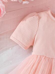 女婴休闲可爱舒适网纱连体衣 - 粉色 - 查看 4