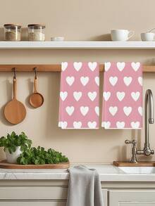 2 Pcs Red And Pink Heart Shaped Hand Towels Happy Valentine's Day Soft Absorbent Cleaning Cloths Tea Towels Romantic Decorative Kitchen Cloths Guest Room Gym Hand Towels - Pink - View 5