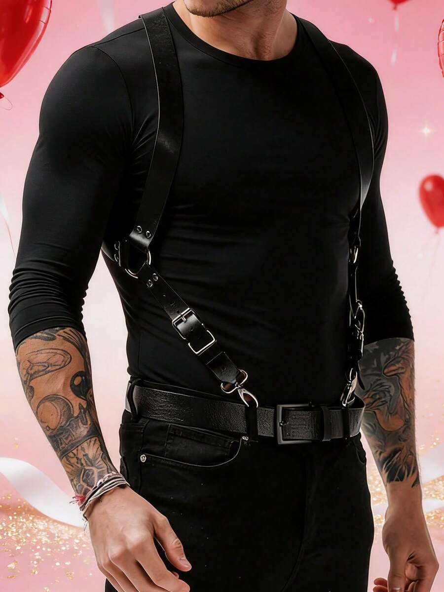 1pc Punk Gothic Geometric Pattern PU Leather Men Suspenders, Holiday Costume Gift - Black - View 1