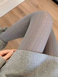 1 Pc Women's Casual Versatile Grey Textured Leggings With High Elasticity, Retro Patterned Pantyhose For Spring And Autumn - Grey - View 5