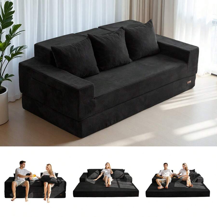 MAXYOYO Loveseat Sofa Bed,4 In 1 Foldable Floor Sofa Couch In A Box With 2 Cup Holders,Convertible Boneless Couch Folding Recliner Sleeper Chair For Living Room,No Assembly Required, - màu đen - Xem 1