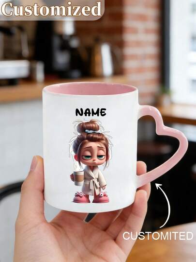 11oz Personalized Coffee Mug - Custom Name Ceramic Cup With Cute Lazy Girl Design, Heart-Shaped Handle, Heat-Resistant & Durable, Microwave & Dishwasher , Leak-Proof For Hot/Cold Drinks, Office/Home, Birthday/Christmas Gift, Coffee Bar Accessory, Beverage Cup, Fun Illustration, Sturdy Drinkware