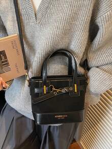 Túi xách nữ màu trơn thời trang, kiểu dáng mini xô đa năng với hai quai xách và dây đeo vai có thể điều chỉnh, phù hợp cho sinh viên, đi làm, mua sắm và sử dụng hàng ngày. - màu đen - Xem 6