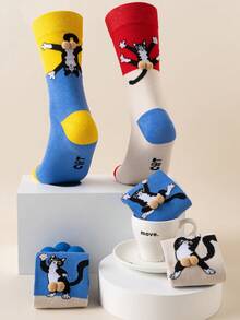 1 Pair Women's Funny Socks With Cartoon Cat & Egg Pattern, Novelty 3D Amusing Socks, Unisex, Great Gift For Holidays And Daily Wear - Multicolor - View 8