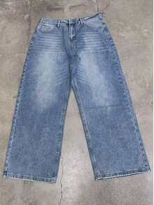 1 件复古水洗宽松做旧阔腿男友牛仔裤，休闲中性设计 - 淺藍色 - 查看 8