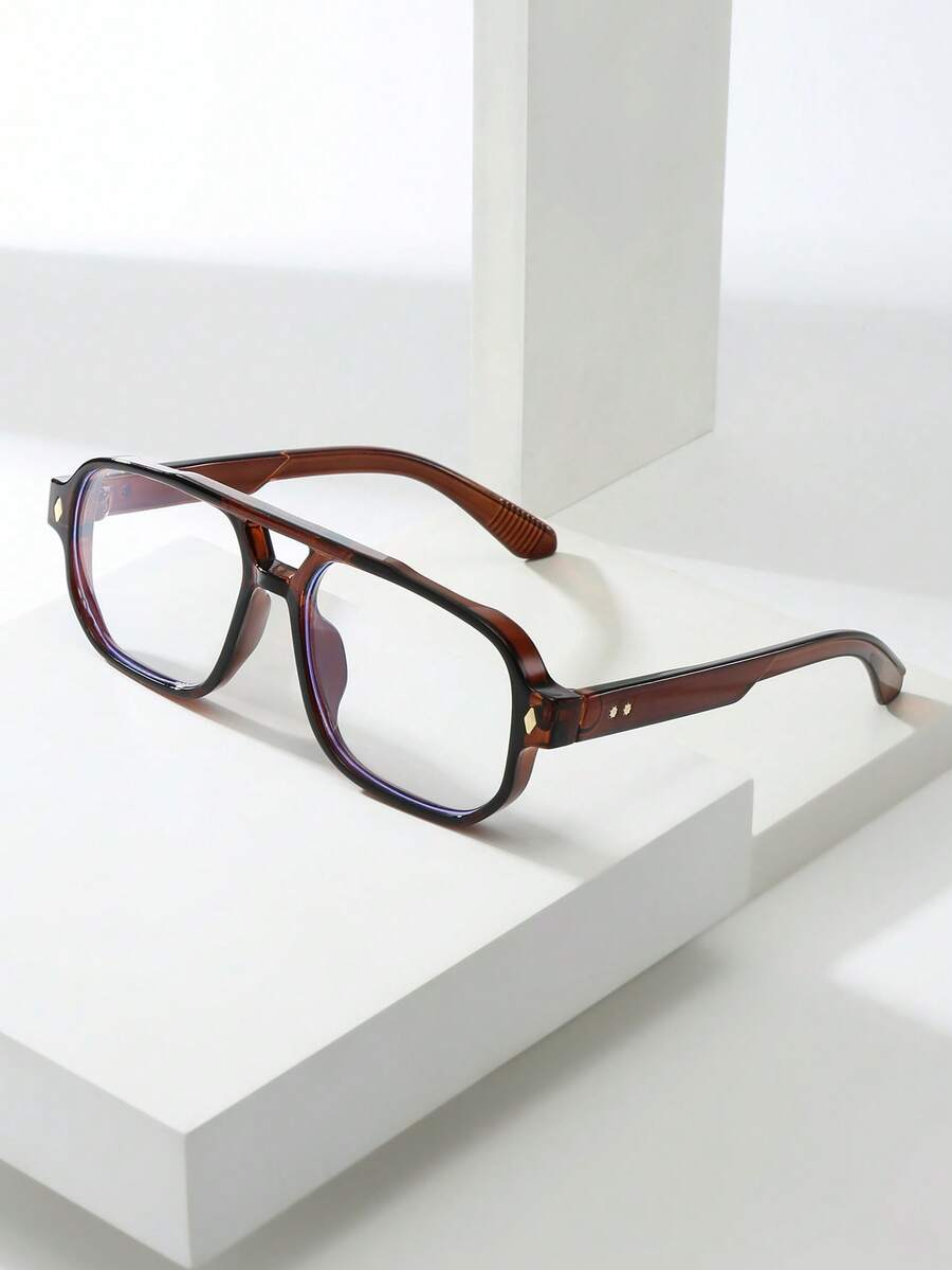 1pc Men's Double Bridge Retro Square Glasses, Stylish And Minimalist Design - Tea Frame Plain Mirror - View 1