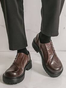 男士圆头厚底德比鞋，系带乐福鞋，褶裥鞋面设计，正式场合正装鞋 - 棕色 - 查看 2