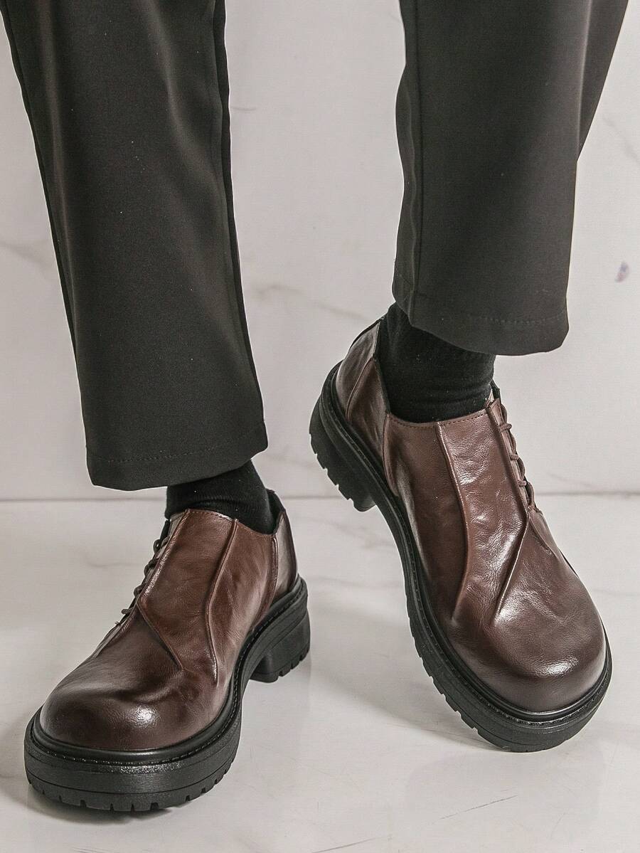 Men's Round Toe Thick Sole Derby Shoes Lace-Up Loafers With Pleated Vamp Design, Formal Dress Shoes - Brown - View 1