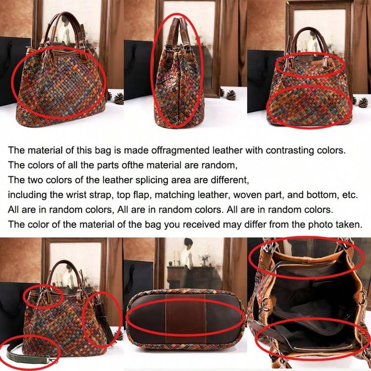 Moderiktig reseväska i vävd textil, axelväska med stor kapacitet, bucketväska i slumpmässig färg, pendlarväska, damväska i toppnarvat läder och äkta läder - Multifärgad - Visa 10