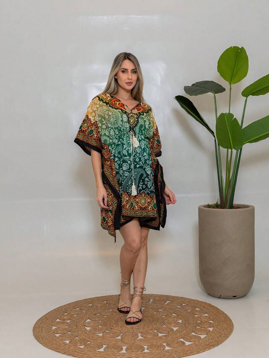 KIARA BRAZIL Women's Short Printed Boho Chic Dress | Loose Kaftan With Tie And V-Neck – Summer - AE-25111 - 綠色 - 查看 1