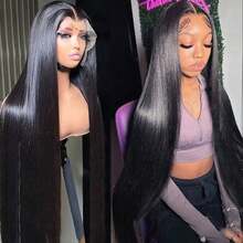 VIOLLY 34 Inch 1B Black 13X4 Straight Lace Front Wigs Human Hair Blended 180% Density Natural Black Colored Lace Front Blended Human Hair Wigs With Bady Hair 13x4 HD Transparent Lace Frontal Brazilian Virgin Hair Wig For Women Pre Plucked With Natural Hairline - 1B# - View 5