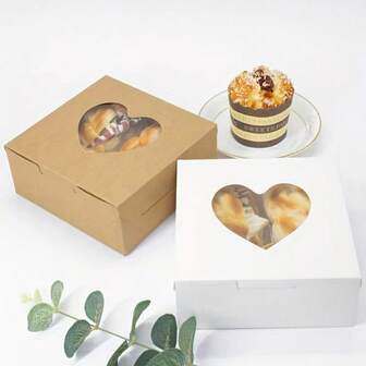 4 cajas de papel cuadradas con clip para pasteles, con forma de corazón, para pasteles, magdalenas, regalos de Año Nuevo, regalos del Día de San Valentín, cajas para pasteles, cajas de empaque para pasteles de yema de huevo, con ventana con forma de corazón, tarjeta de vaca, caja de postre blanca