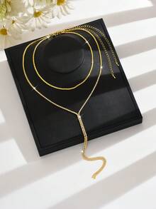 2pcs V-Shaped Necklace - Rhinestone Tassel Layered Style, Copper Material, Suitable For Wedding & Party, Quality Valentine's Day Gift - Multicolor - View 3