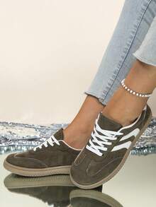 女士时尚休闲运动鞋 | 低帮系带圆头，人造革鞋面，法兰绒内里，PVC鞋底，织物鞋垫，四季皆宜 - 墨綠色 - 查看 2