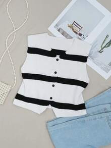 女士时尚条纹纽扣针织短款毛衣背心圆领夏季时尚 - 黑與白 - 查看 6