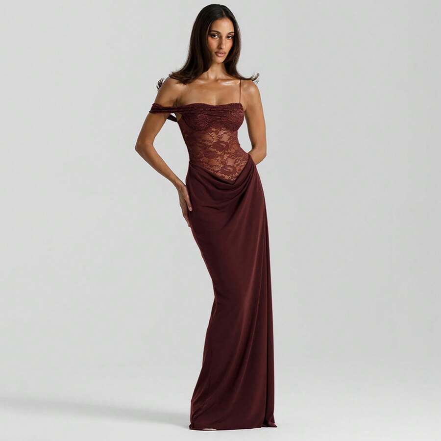 Spring Summer Women's New Dress Solid Color Strap Lace Patchwork Slim Dress - Burgundy - View 1