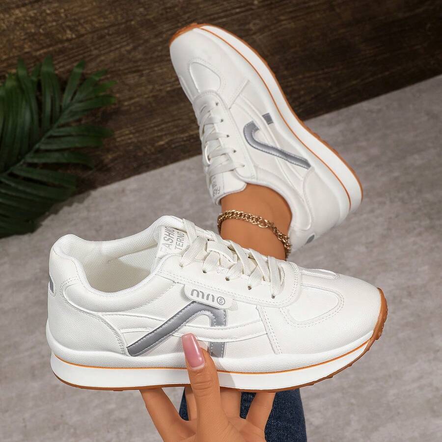 Women's White Breathable Low-Top Lace-Up Casual Sneakers - Silver - View 1