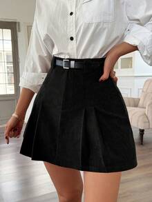 EARO Chic Chân váy mini xếp ly cạp cao màu đen bằng vải nhung kẻ dành cho nữ, kiểu dáng sinh viên, phong cách vintage mặc hàng ngày - màu đen - Xem 7