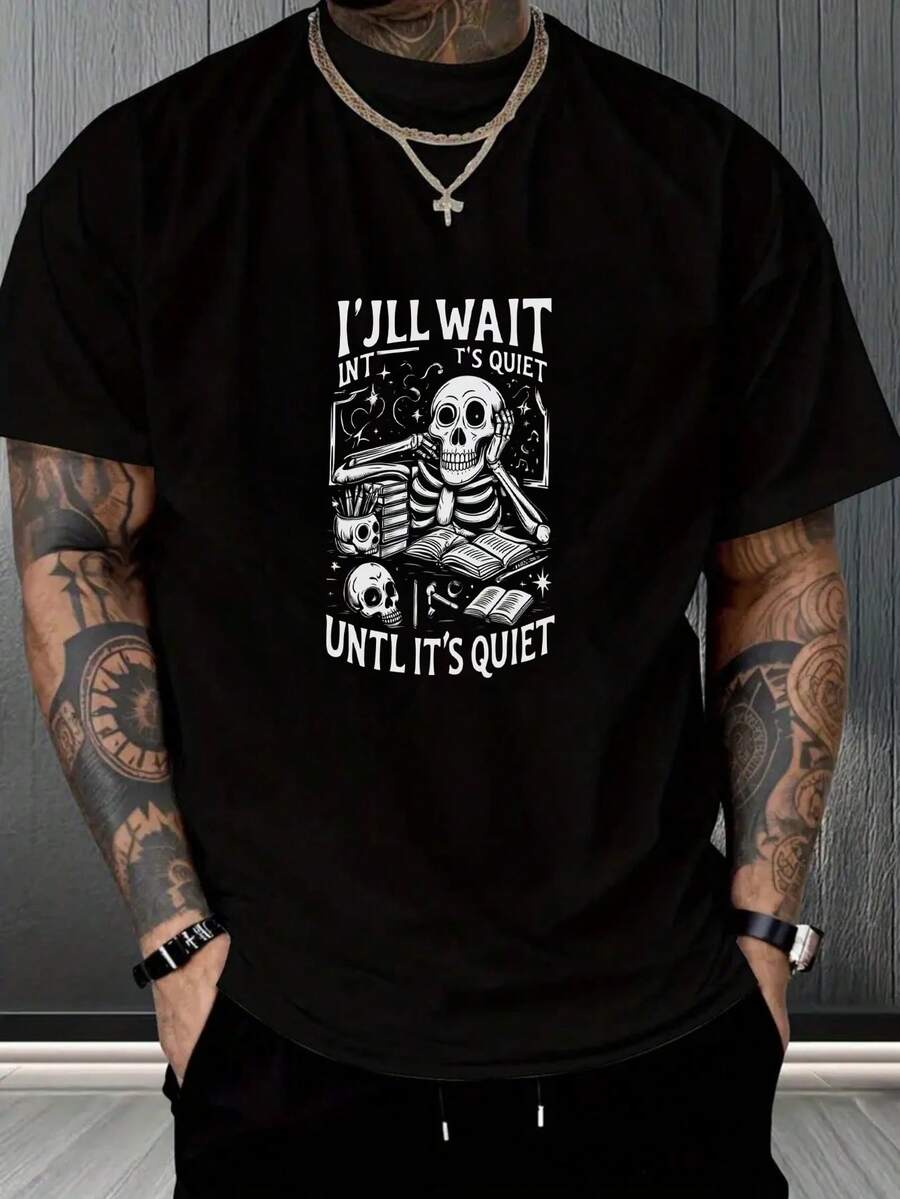 Camiseta de hombre con patrón de calavera gótica 100% pura | Estilo Y2K Street Hip-Hop, símbolo religioso, cuello redondo, manga corta, top casual de verano, lavable a máquina, ropa de hombre de con estética oscura,ropa de hombre,parejas,envio nacional,regalo para hombre,oversize hombre. - Negro - Ver 1