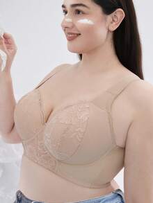 Plus Size Beige Lace Underwire Bra With Supportive Underwire, Comfortable Wide Straps, Lifting And Shaping Design, Breathable For Everyday Wear - Beige - View 8