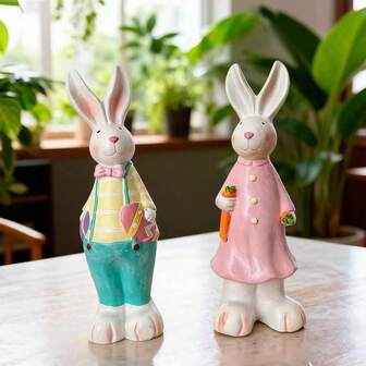 1pc 8.6 Inch Resin Cartoon Rabbit Figurine, No Accessories, Suitable For Easter Decoration, Home Decor, Desktop Ornament, Paper Box Packaging
