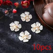 10/5pcs Pearl & Rhinestone Flower Decor Buttons, DIY Craft Accessories For Dress, Hat